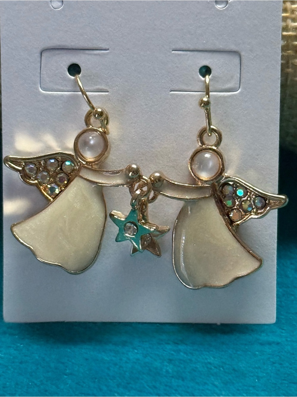 Gold-Tone White Angel Drop Earrings with Iridescent Accents